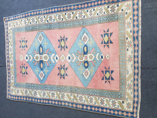 3.10 x 5.7 Blue vintage wool rug. pink turkish oushak rug, handmade wool rugs