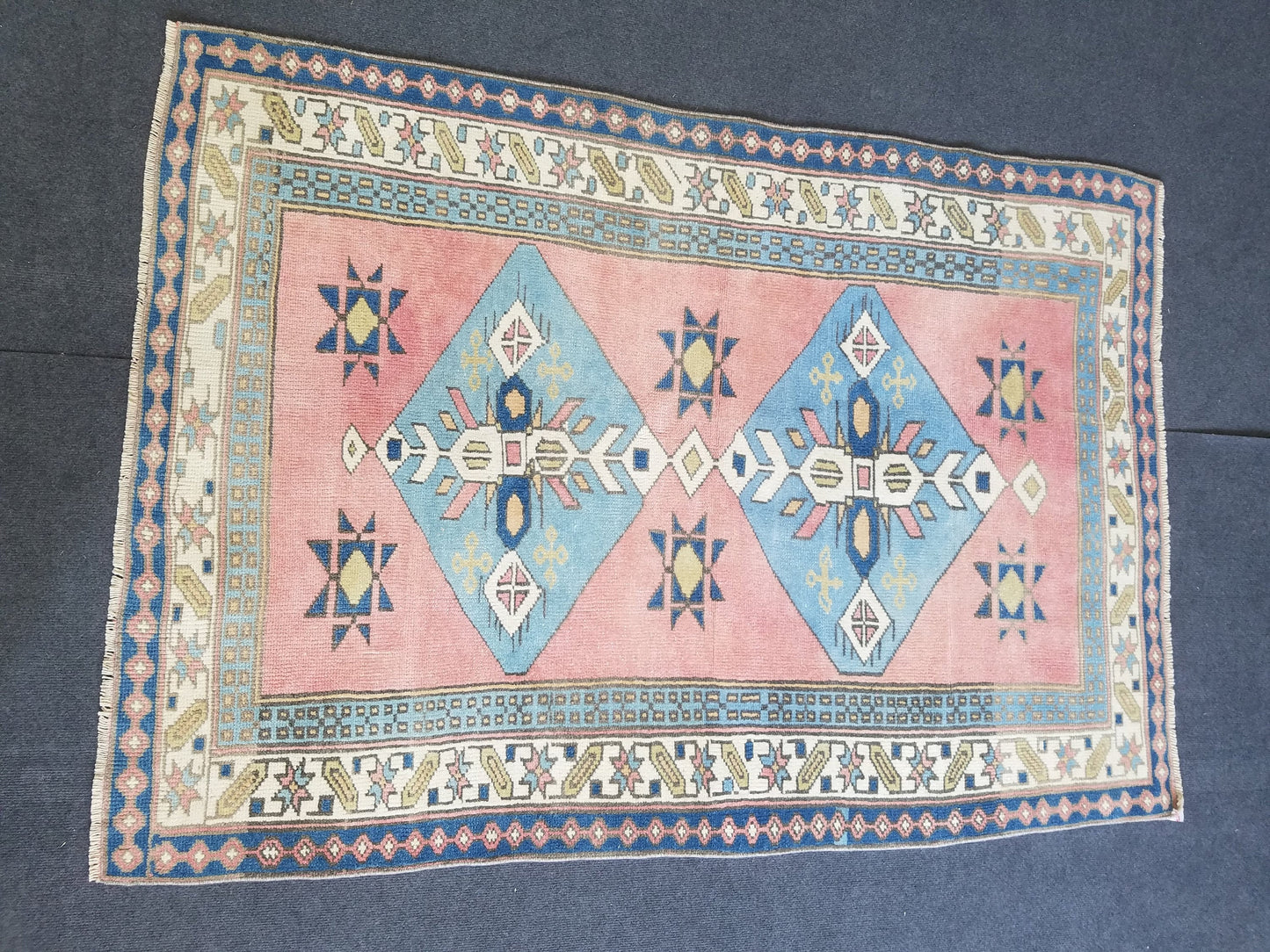 3.10 x 5.7 Blue vintage wool rug. pink turkish oushak rug, handmade wool rugs