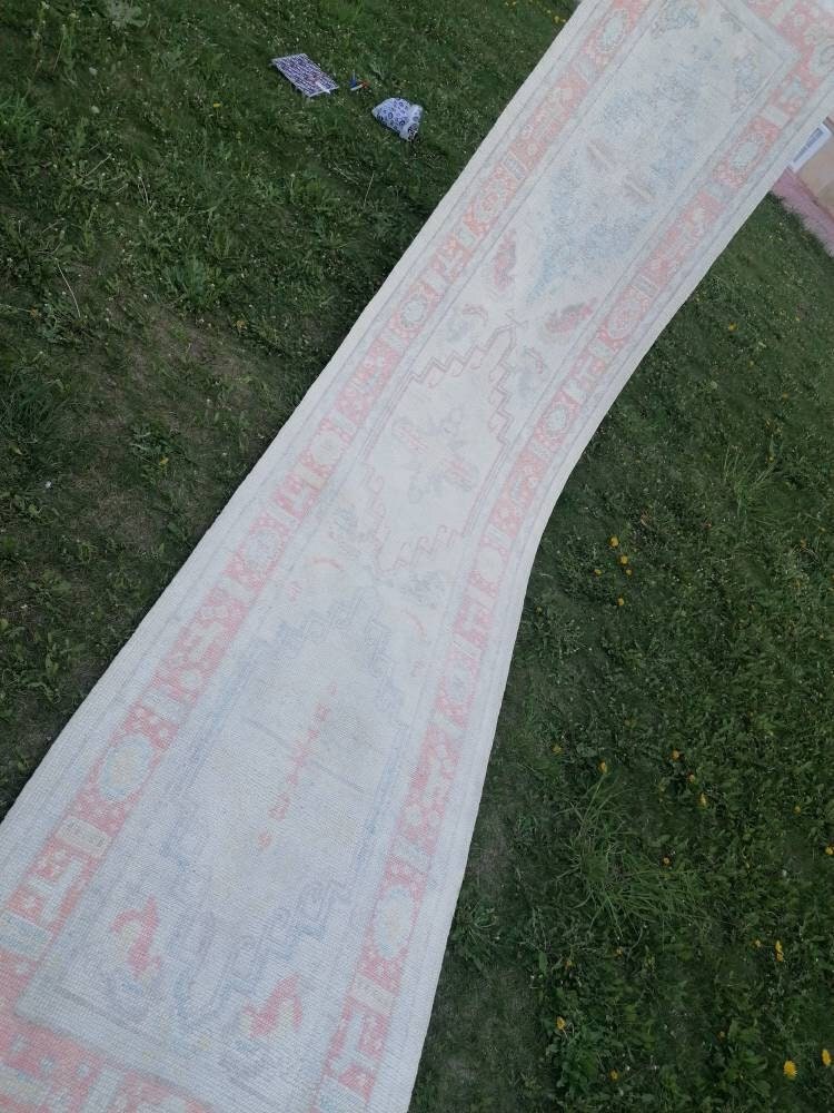2.10 x 13.4 oushak wool runner, turkish oushak handmade rug, muted hallway runner rug