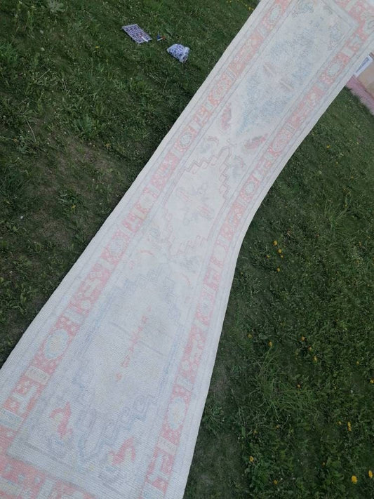 2.10 x 13.4 oushak wool runner, turkish oushak handmade rug, muted hallway runner rug