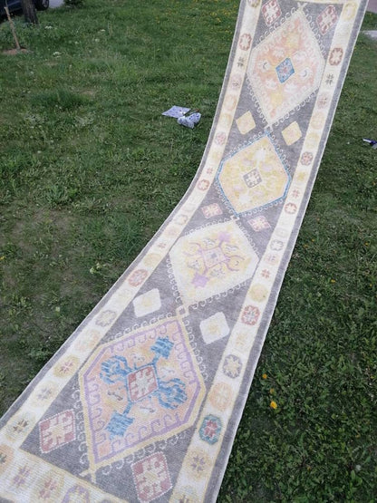Oushak wool runner 3 x 13 turkish  oushak handmade rug, hallway runner rug