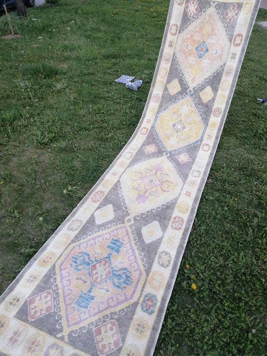 Oushak wool runner 3 x 13 turkish  oushak handmade rug, hallway runner rug