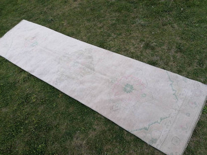 wool rug 2.10 x 10.7 muted runner handmade rug, hallway runner rug, Turkish runner, vintage runner rug,