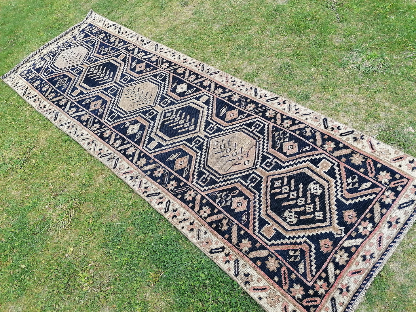3.2 x 9.8 Oushak runner rug, navy runner rug, blue vintage runner  handmade runner,
