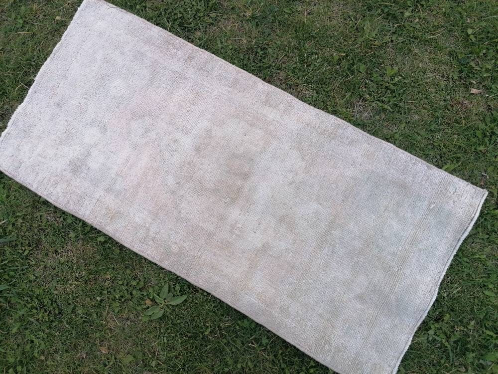 1.3 x 2.9 Muted vintage wool rug, faded oushak rug, hand made wool rug,