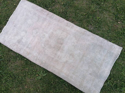 1.3 x 2.9 Muted vintage wool rug, faded oushak rug, hand made wool rug,