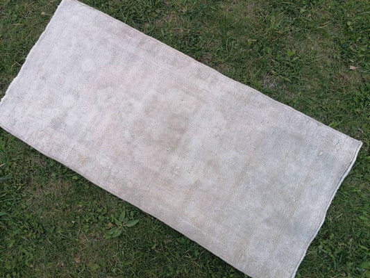 1.3 x 2.9 Muted vintage wool rug, faded oushak rug, hand made wool rug,