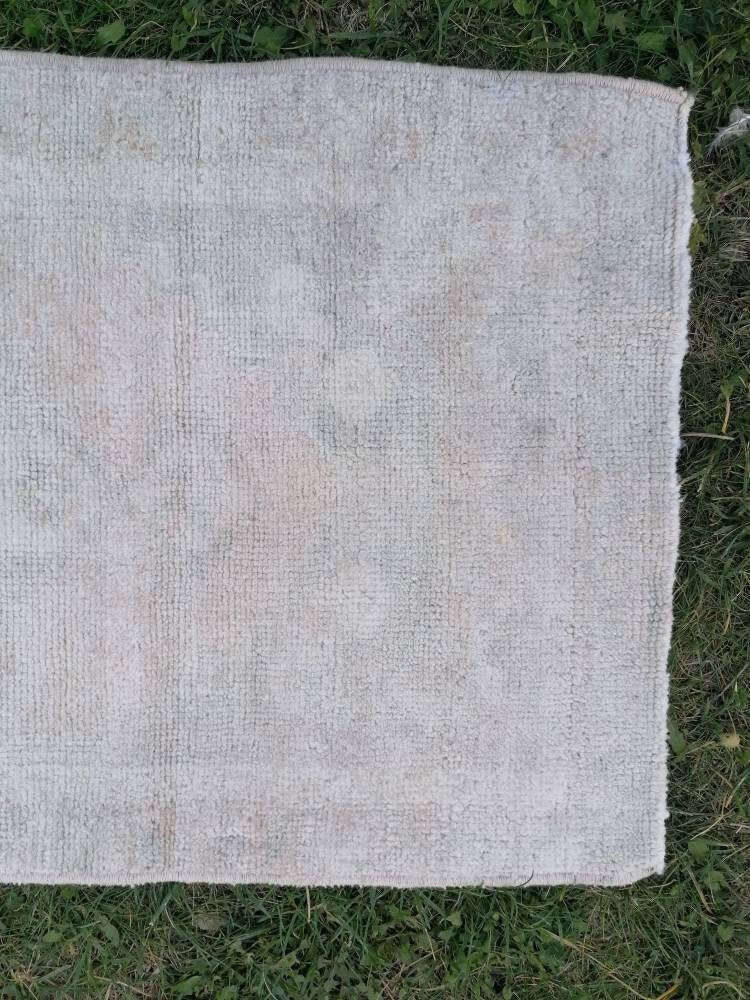 1.3 x 2.9 Muted vintage wool rug, faded oushak rug, hand made wool rug,