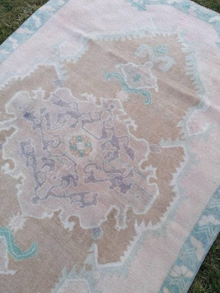 4.6 x 7.4 pink wool rug, vintage oushak rug, turkish hand made living room rug