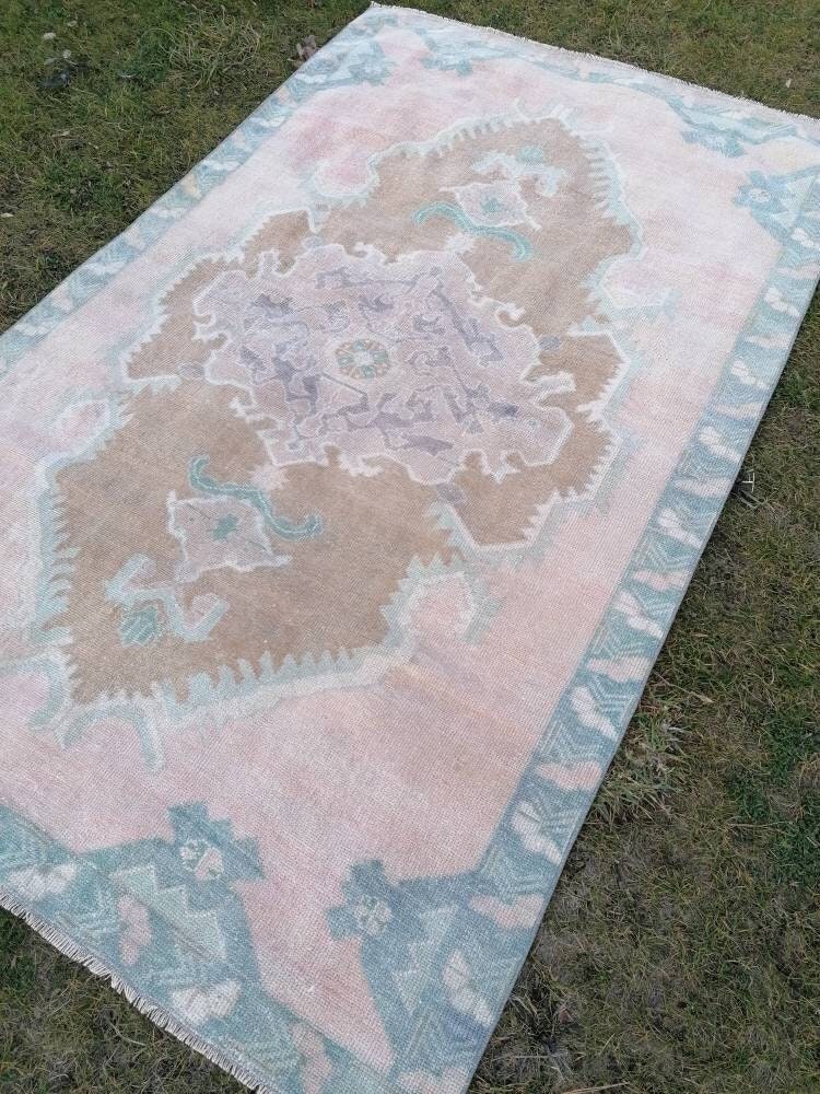 4.6 x 7.4 pink wool rug, vintage oushak rug, turkish hand made living room rug