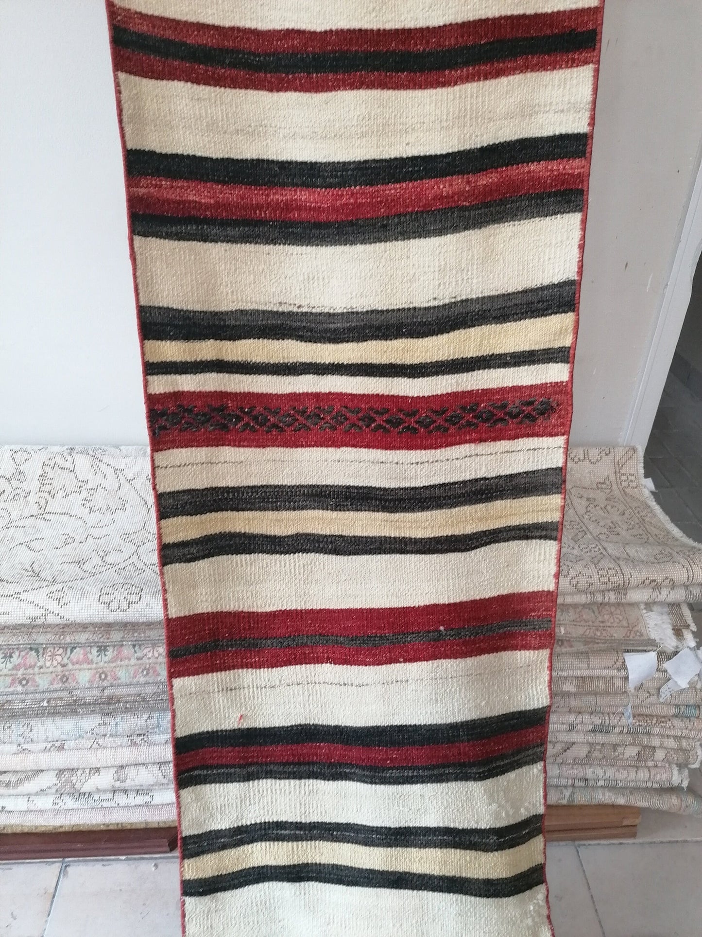 1.10 x 18.10 Vintage rug , flat woven kilim rug with embroidery rug, oriental carpet, vintage kilim rug wool carpet rug, flat pile rug