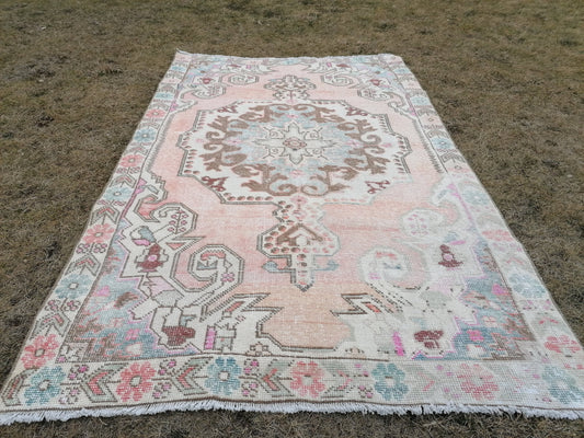 4.2 x 7 Vintage muted rug, vintage rug, pastel color rug, turkish rug