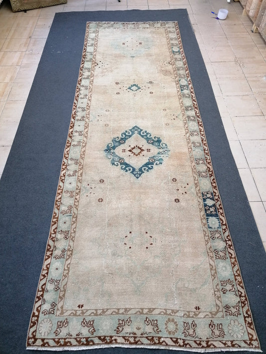 4.3 x 13.3 vintage runner rug,Handmade runner rug, Oushak rug runner
