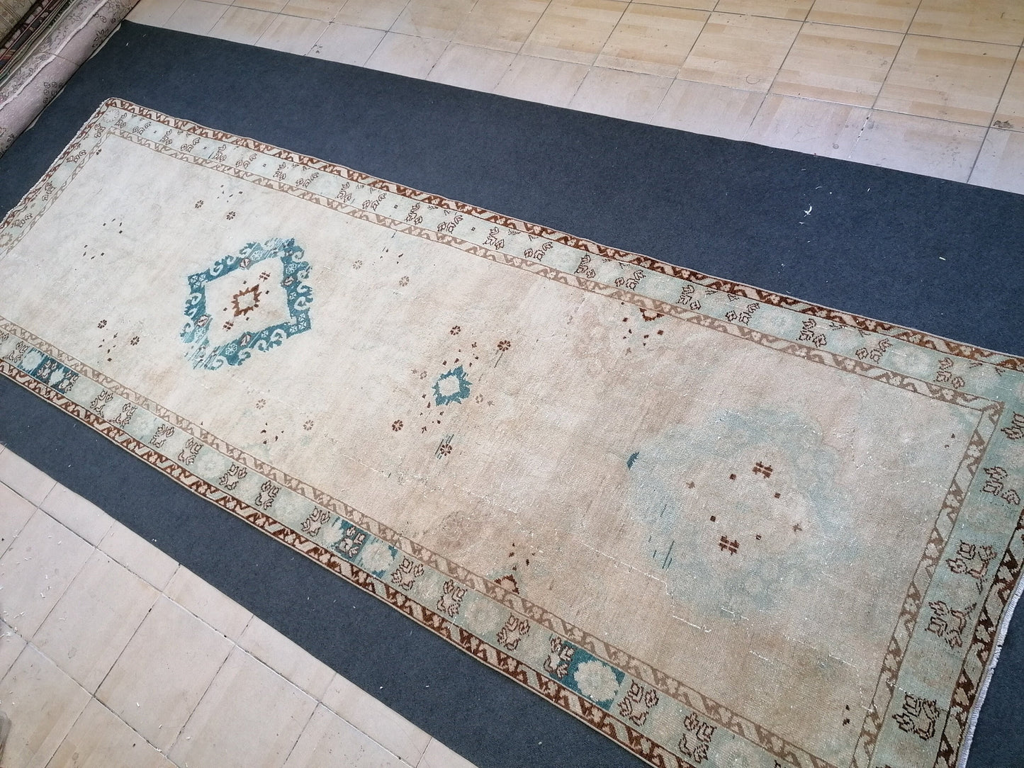 4.3 x 13.3 vintage runner rug,Handmade runner rug, Oushak rug runner