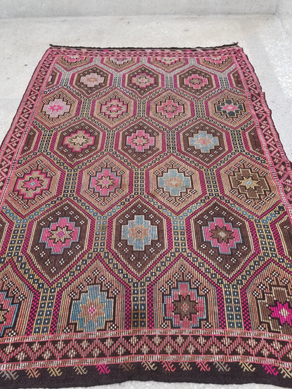 6.6 x 9.5 flatwoven with embroidery rug, kilim rug, turkish handmade rug
