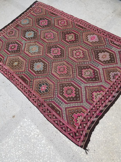 6.6 x 9.5 flatwoven with embroidery rug, kilim rug, turkish handmade rug