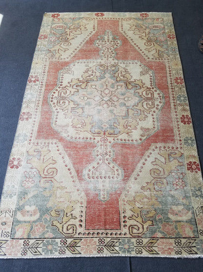 4.4 x 7.3 Distressed vintage wool rug, turkish handmade rug  oushak rug,