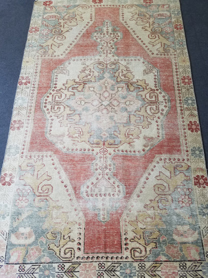 4.4 x 7.3 Distressed vintage wool rug, turkish handmade rug  oushak rug,
