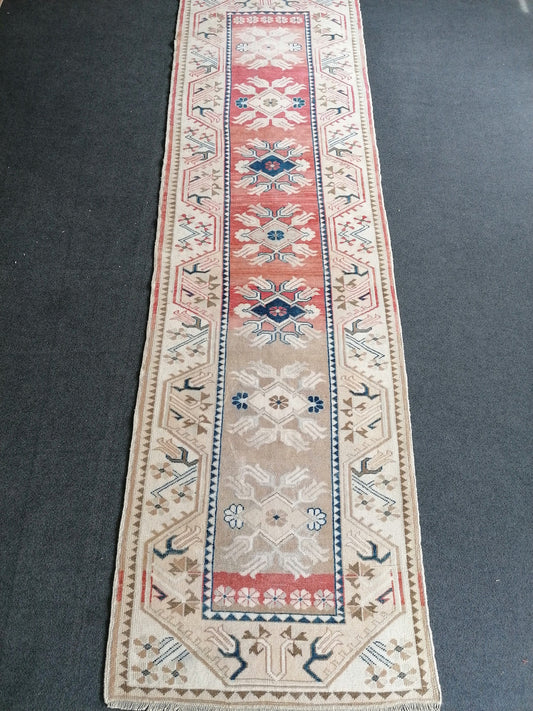 3x10 feet handmade anatolian corridor runner, vintage kitchen floor runner rug, turkish bathroom faded color rug, oushak floral wool runners