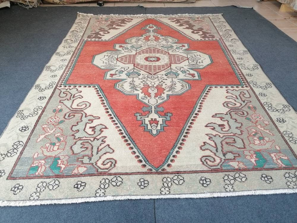 5.6 x 7.5 turkish rug, vintage kitchen rug, oushak bedroom rug, handmade rug