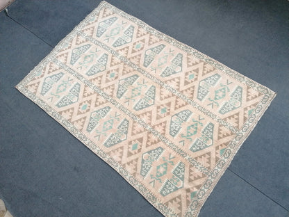 4.10 x 7 turkish wool rug, vintage green dollar rug, vintage oushak runner rug,