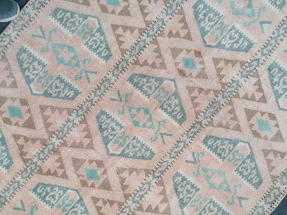 4.10 x 7 turkish wool rug, vintage green dollar rug, vintage oushak runner rug,