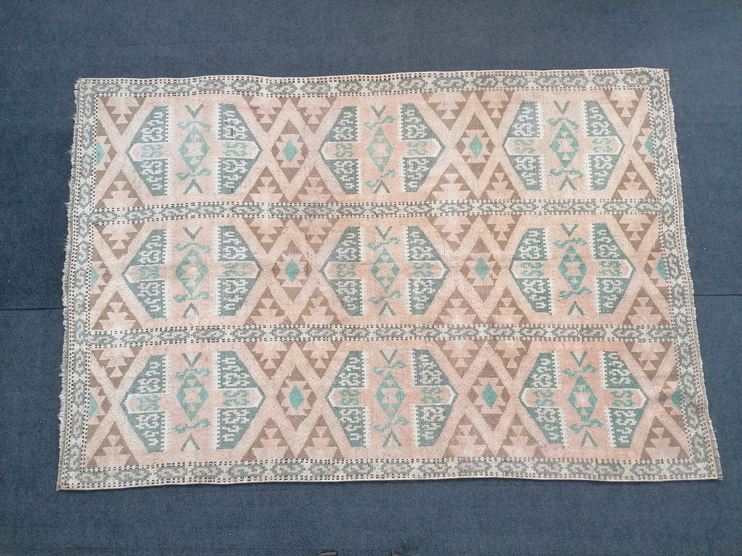 4.10 x 7 turkish wool rug, vintage green dollar rug, vintage oushak runner rug,
