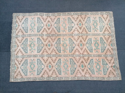 4.10 x 7 turkish wool rug, vintage green dollar rug, vintage oushak runner rug,