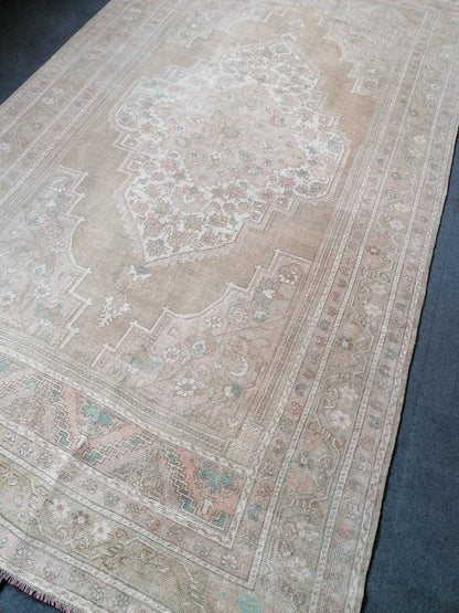 7 x 12.3 large oushak rug, pastel living room handmade rug, vintage turkish wool rug