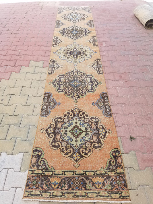 2.6 x 13.3 Turkish runner rug, vintage oushak runner rug, unique handmade rug, kitchen runner rug