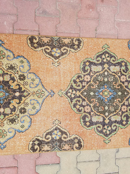 2.6 x 13.3 Turkish runner rug, vintage oushak runner rug, unique handmade rug, kitchen runner rug