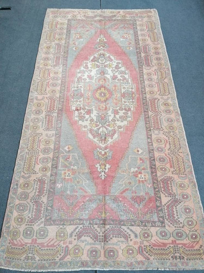 4.7 x 9 Pastel vintage wool rug oushak hand made rug, Hand-knotted rug