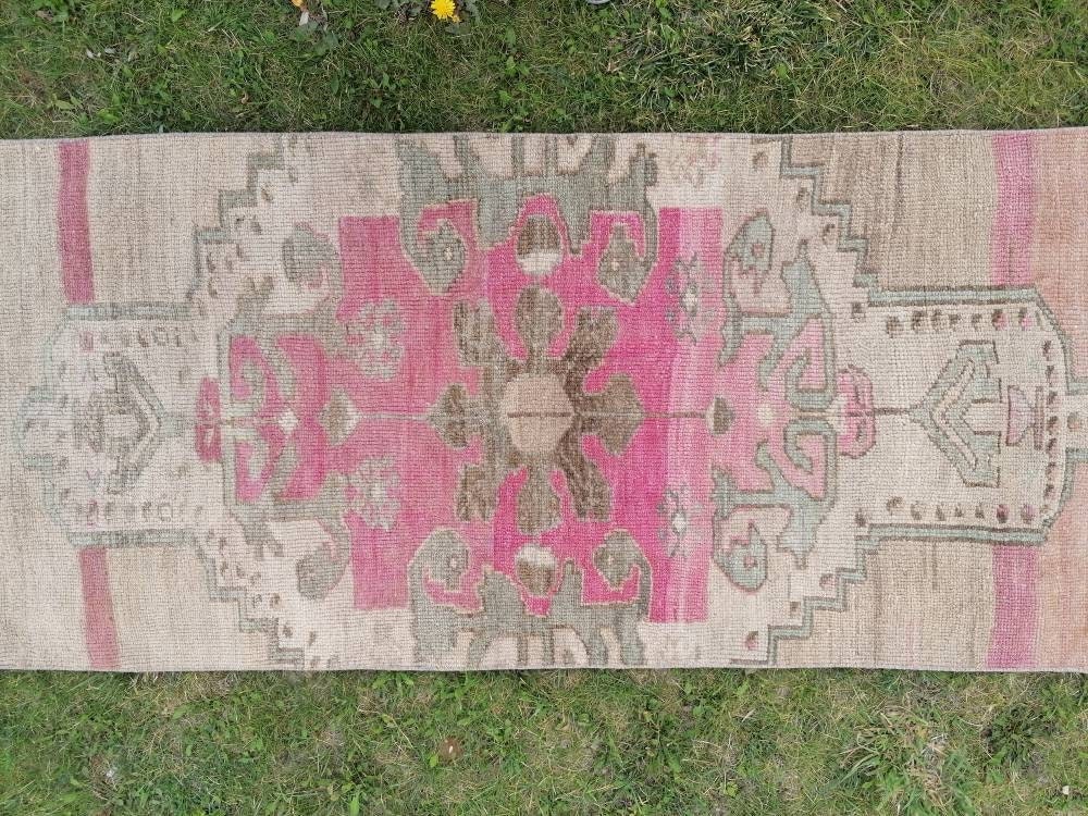Oushak runner rug, vintage oushak runner 2.7 x 11 natural hand made wool runner,