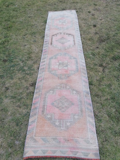 2.10 x 12.3 Turkish runner rug,vintage rug,vintage oushak rug  wool runner, hand made