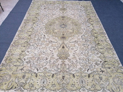 Vintage green rug 6.5 x 9.7 large oushak rug, vintage hand made wool rug,