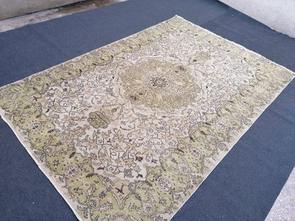 Vintage green rug 6.5 x 9.7 large oushak rug, vintage hand made wool rug,