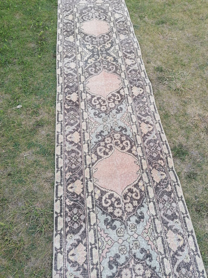 Turkish runner rug 2.3 x 13.3 vintage wool runner, pack work oushak runner rug, handmade rug