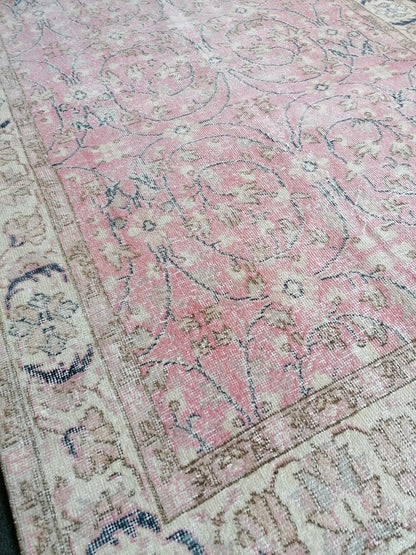 Vintage pink rug 4.6 x 8 blue vintage turkish rug, oushak rug
