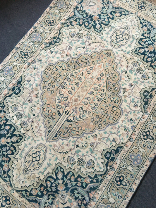 4x6 feet vintage persian rug, handmade medium size blue floor rug, floral motif beige faded color kitchen area rug, living room middle rugs