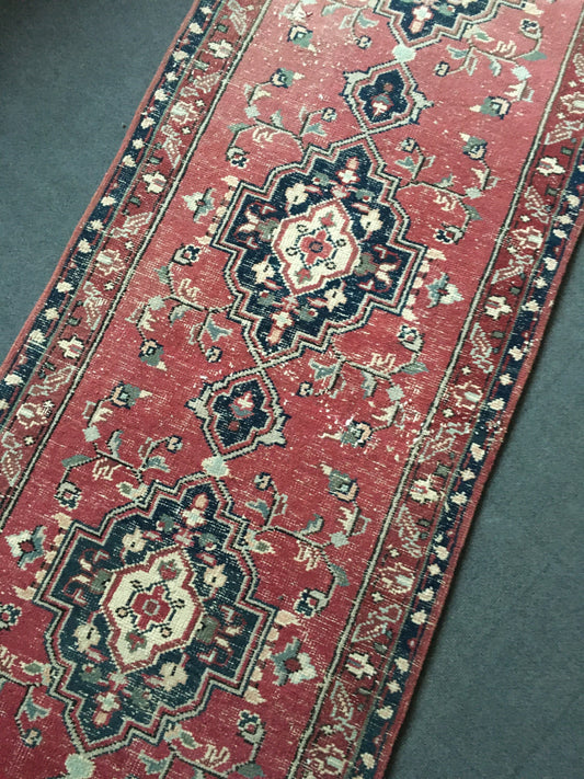 3x7 feet long vintage destroyed turkish rug, handmade wool dark blue long runner, corridor floor runner, entryway area runner,kitchen runner