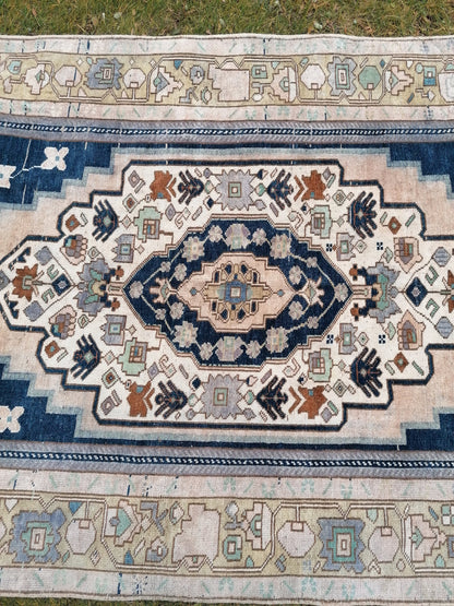 Turkish oushak rug, blue vintage rug 5.2 x 10 vintage oushak rug, hand made rug