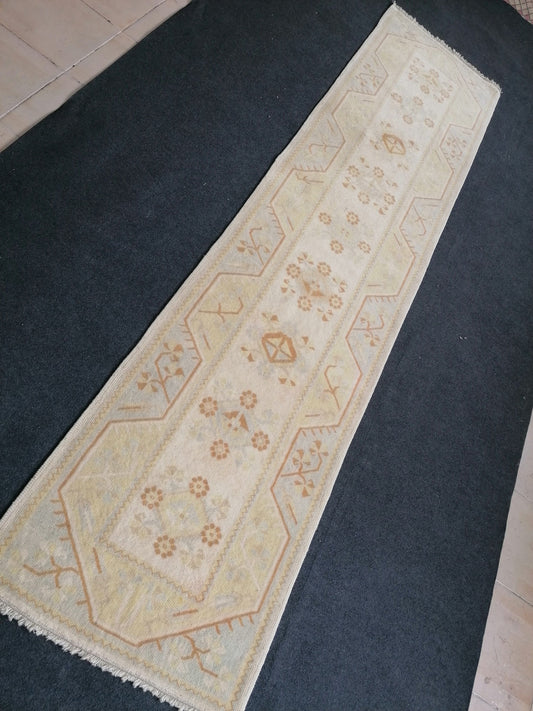 2.6 x 10.3 muted soft colors rug, oushak vintage rug, hand-knotted rug