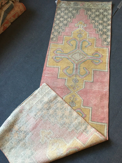 2.5 x 9 wool muted color pink runner rug, turkish handmade long runner rug,