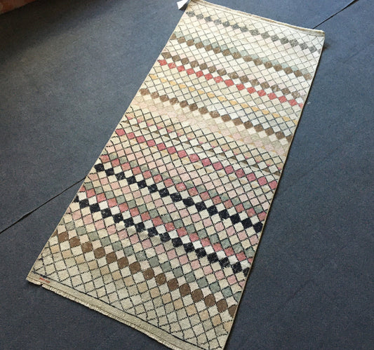 3x6 feet handmade rainbow color vintage runner, turkish floor runner rug, oushak wool old muted rug, kitchen area middle runner, laundry rug