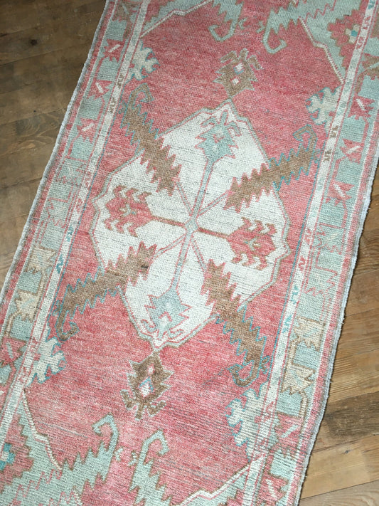 2x6 feet handmade mini runner, hallway oushak vintage runner, turkish blue kitchen area runner rug, muted color wool red bath mat floor rug