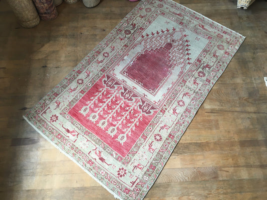 3x5 feet muted handmade turkish area rug, vintage oushak floor rug, red kitchen middle rug, beige wool bedroom rug, living room accent rugs