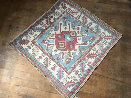 3.5x3.5 square handmade turkish rug, wool vintage blue chair rugs, entryway mini wide rug, bohemian oriental anatolian rug, kitchen cushion