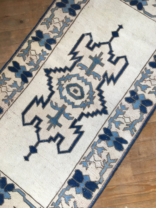 2x4 feet oushak small rug, vintage blue hand made small rug, faded color living room rug, small white anatolian rug, small kitchen area rugs
