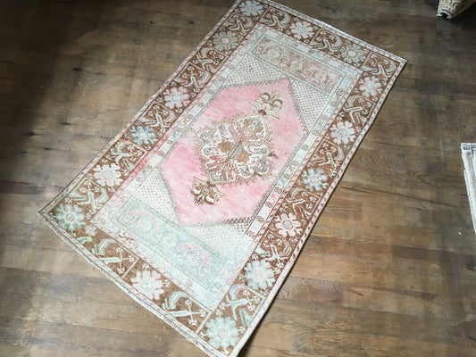 3x5 feet oushak handmade rug, vintage turkish rug, wool bohemian natural faded color large rug,wide bedroom area rug,kitchen floor brown rug