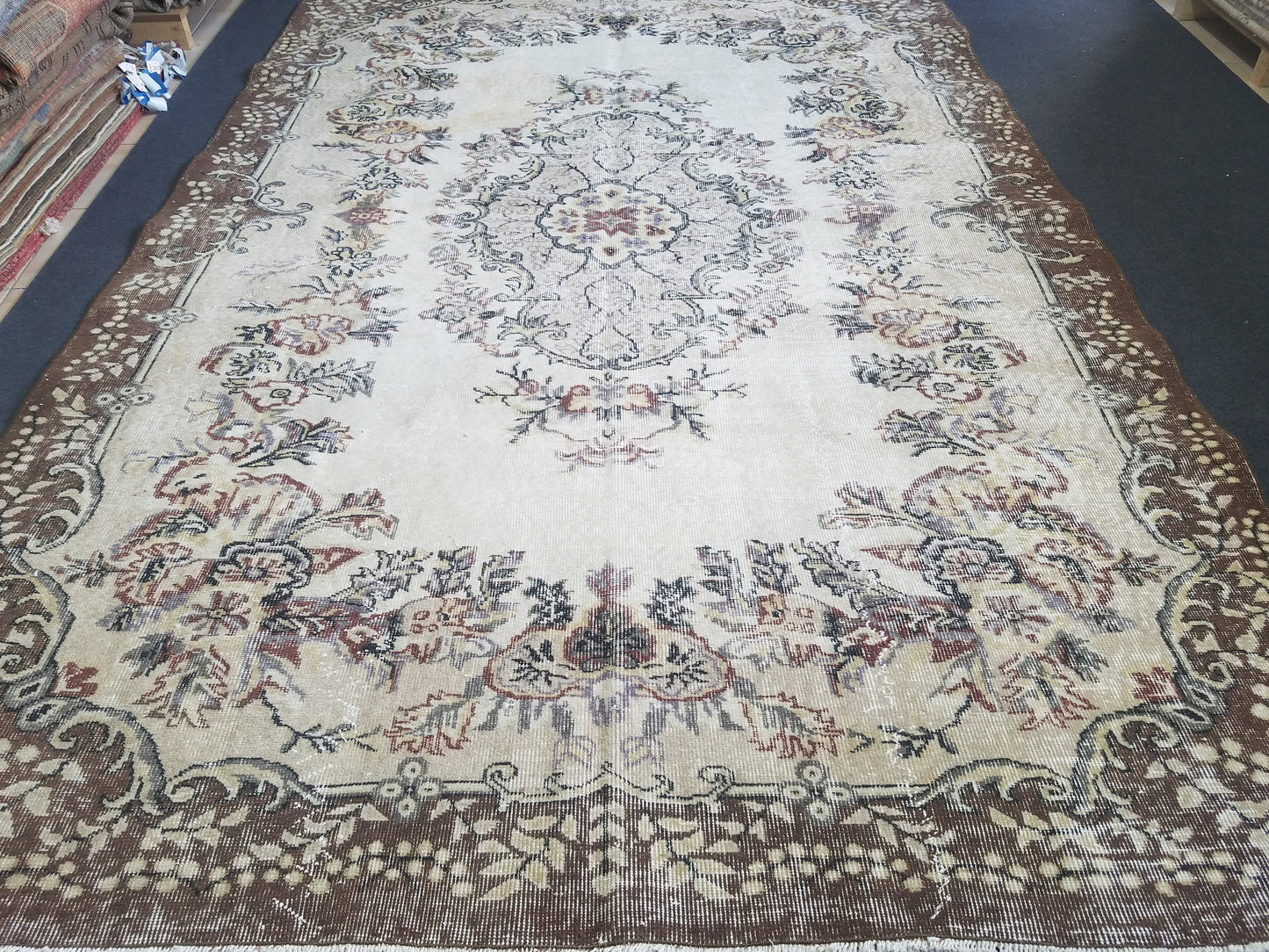 7x10 oushak wool rug, turkish handmade oversize area rug, muted living room rug,